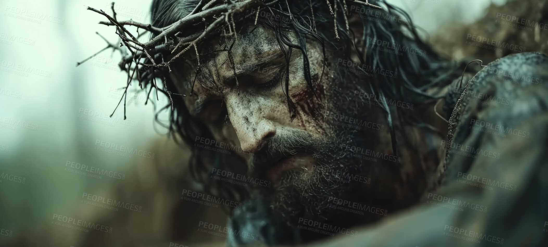 Buy stock photo Closeup, christ and Jesus with pain for religion, faith and spiritual salvation with passion, believe and sacrifice. Crucifix, crown and wooden cross for Catholic, Christian and bible concept