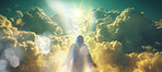 Heaven, christ and silhouette with background for religion, faith and spiritual god for sunshine, believe and sacrifice. Clouds, man and light flare for Catholic, Christianity and bible concept