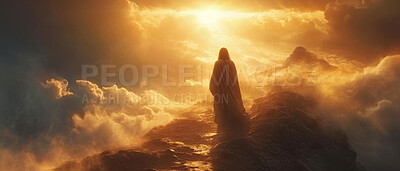 Buy stock photo Heaven, christ and silhouette with background for religion, faith and spiritual god for sunshine, believe and sacrifice. Clouds, man and light flare for Catholic, Christianity and bible concept