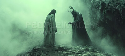 Background, christ and Jesus with devil with silhouette, satan and spiritual temptation with passion, believe and sacrifice. mountain, misty and good friday for catholic, christian and bible concept