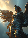 Angel, light and background with silhouette, wings and sunlight effect for Catholic, faith and God religion. Ai generated, bright and sky flare for Christian mock up, spirituality and hope