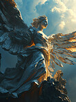 Angel, light and background with silhouette, wings and sunlight effect for Catholic, faith and God religion. Ai generated, bright and sky flare for Christian mock up, spirituality and hope