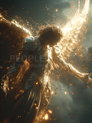 Angel, light and background with silhouette, wings and sunlight effect for Catholic, faith and God religion. Ai generated, bright and sky flare for Christian mock up, spirituality and hope