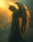 Dark Angel, light and background with silhouette, wings and sunlight effect for Catholic, faith and God religion. Ai generated, bright and sky flare for Christian mock up, spirituality and hope
