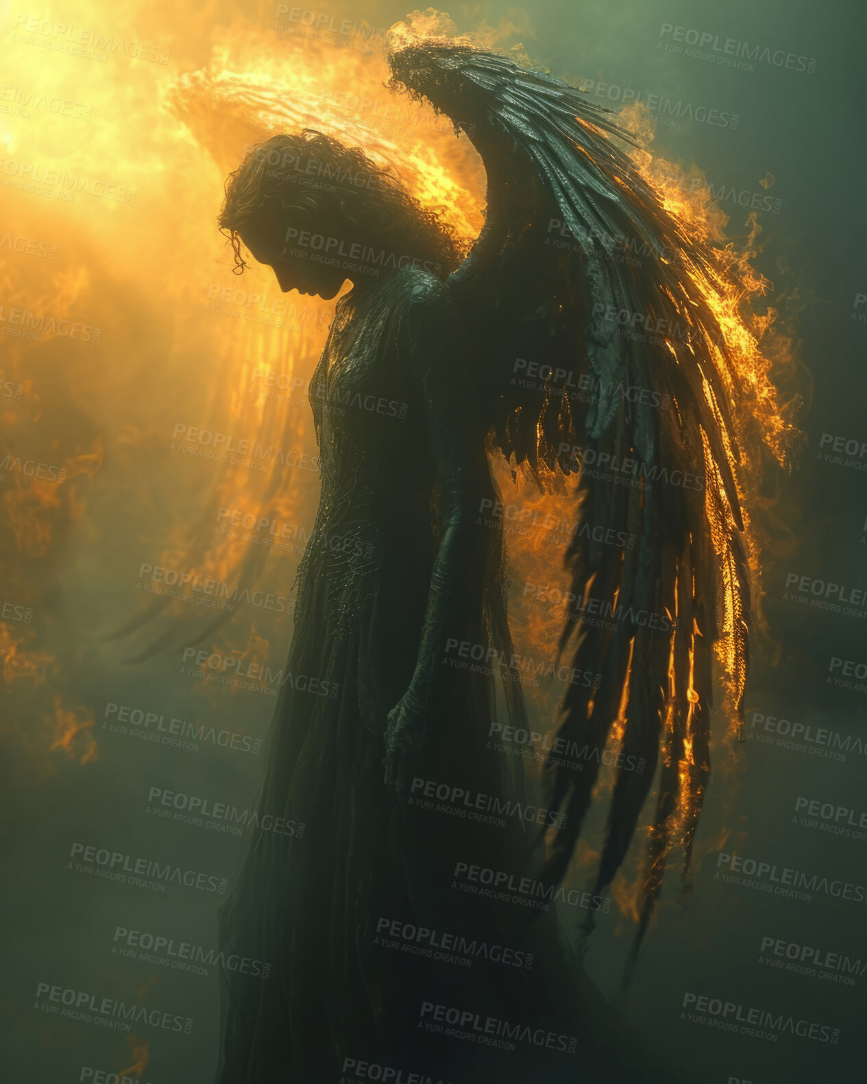 Buy stock photo Dark Angel, light and background with silhouette, wings and sunlight effect for Catholic, faith and God religion. Ai generated, bright and sky flare for Christian mock up, spirituality and hope