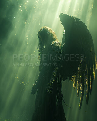 Dark Angel, light and background with silhouette, wings and sunlight effect for Catholic, faith and God religion. Ai generated, bright and sky flare for Christian mock up, spirituality and hope