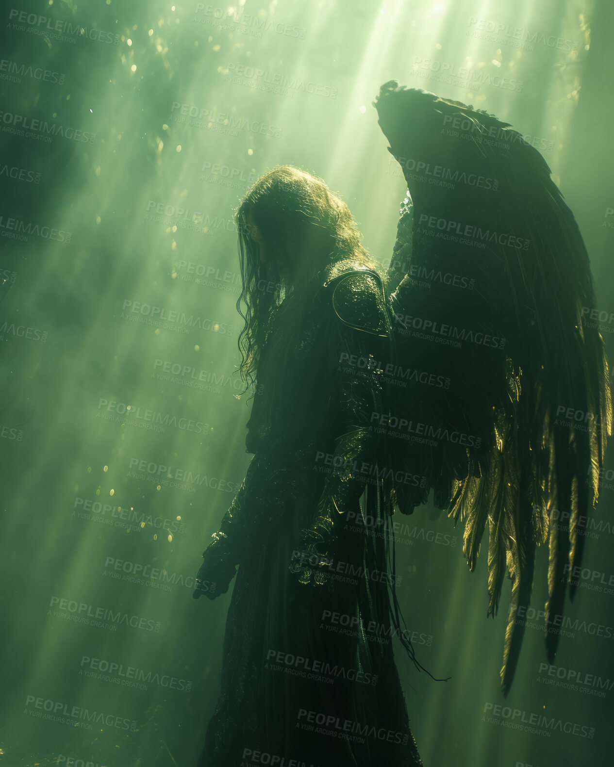 Buy stock photo Dark Angel, light and background with silhouette, wings and sunlight effect for Catholic, faith and God religion. Ai generated, bright and sky flare for Christian mock up, spirituality and hope