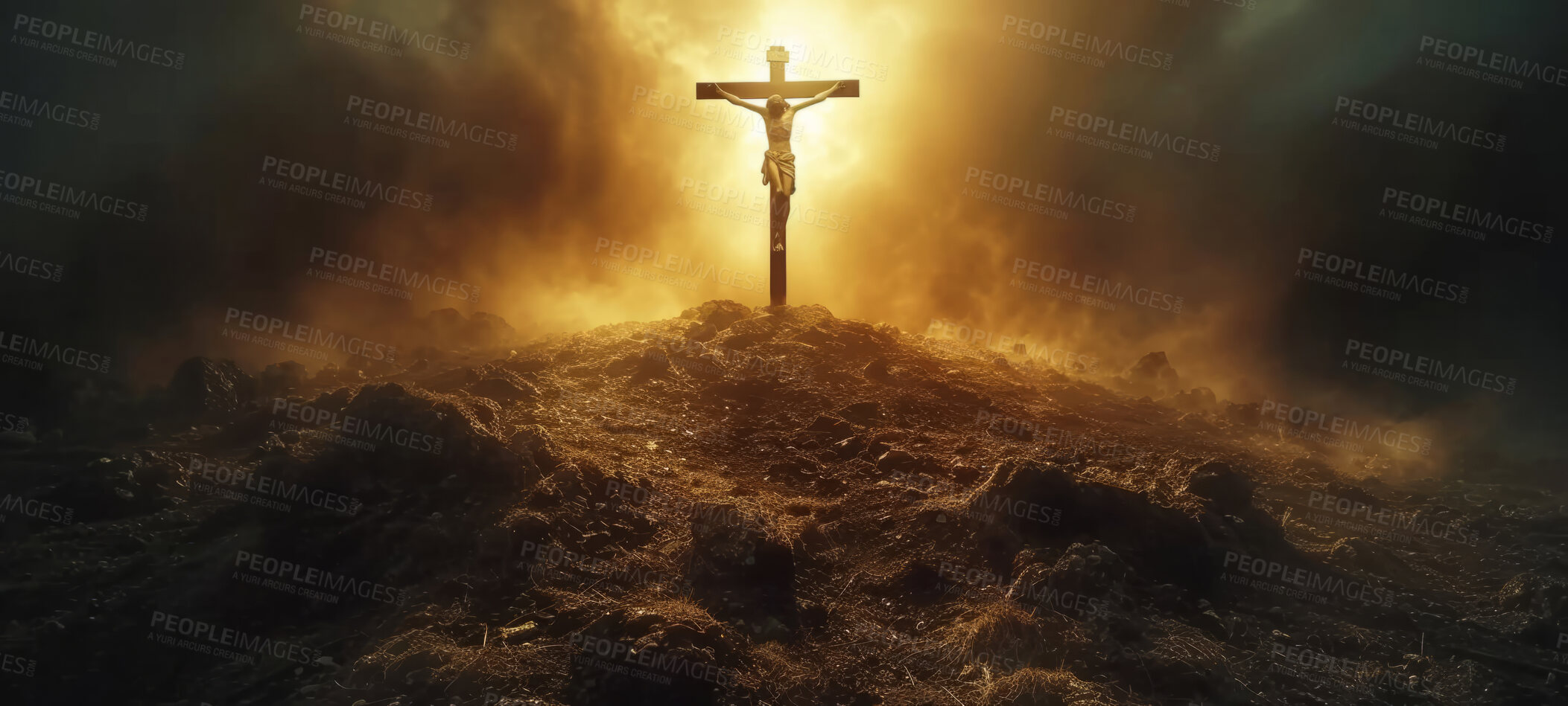 Buy stock photo Jesus, christ and cross with person for religion, faith and spiritual god for passage, believe and sacrifice. Ai generated, man and light flare for Catholic, Christian and biblical concept