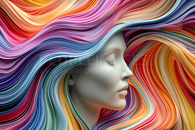 Wave, abstract, digital woman face on a studio background for design, 3D render or art. Face, colourful flow design and connection mockup for science, network and artificial intelligence concept
