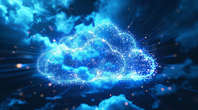 Cloud, blockchain and network connection of 3d render design for online storage, big data and security software. Colourful, vibrant blue and creative mockup wallpaper on a dark studio background