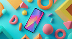 Abstract shape, wallpaper and cellphone connection of 3d render scene for online storage, big data and creativity software. Colourful, vibrant and creative mockup for graphic design, poster or celebration