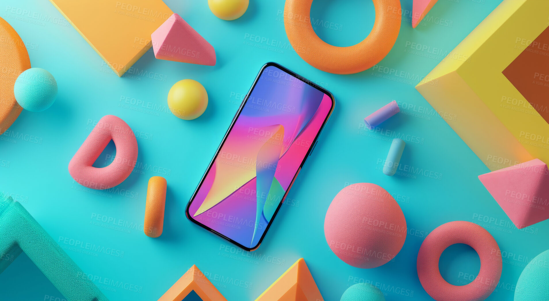 Buy stock photo Abstract shape, wallpaper and cellphone connection of 3d render scene for online storage, big data and creativity software. Colourful, vibrant and creative mockup for graphic design, poster or celebration