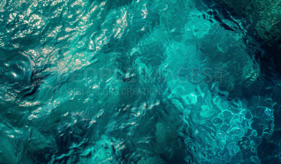 Abstract, wave and ocean landscape of calm sea water ripple for wallpaper, background and backdrop. Turquoise, blue and vibrant environmental mockup for poster, climate disaster and eco friendly