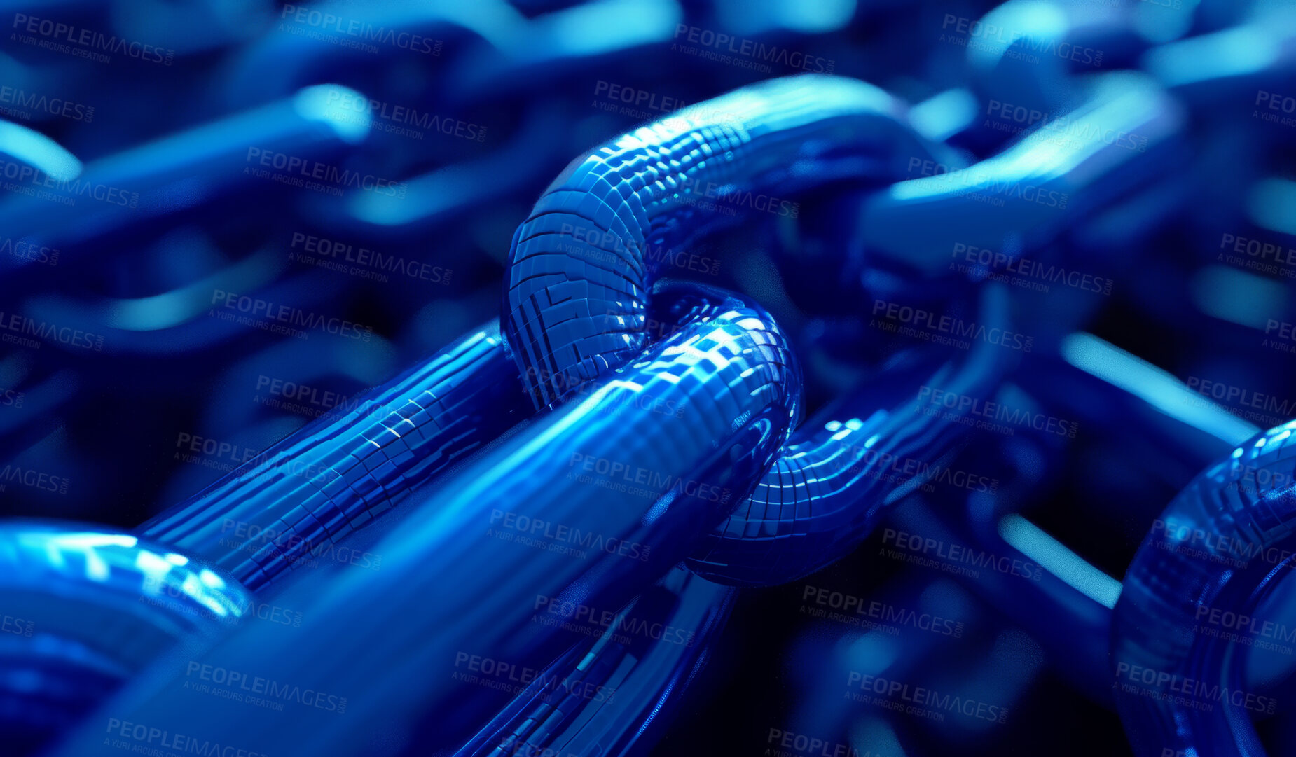 Buy stock photo Abstract, blockchain and online storage technology for data, security and network connection. Neon, glow and blue chain connection on background illustration for matrix, metaverse and cyberspace
