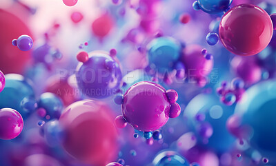 Buy stock photo Spheres, balls or balloons floating on studio background for celebration, birthday or event. Colourful, vivid and creative 3d rendering of a fantasy mockup for artistic design, wallpaper and graphic