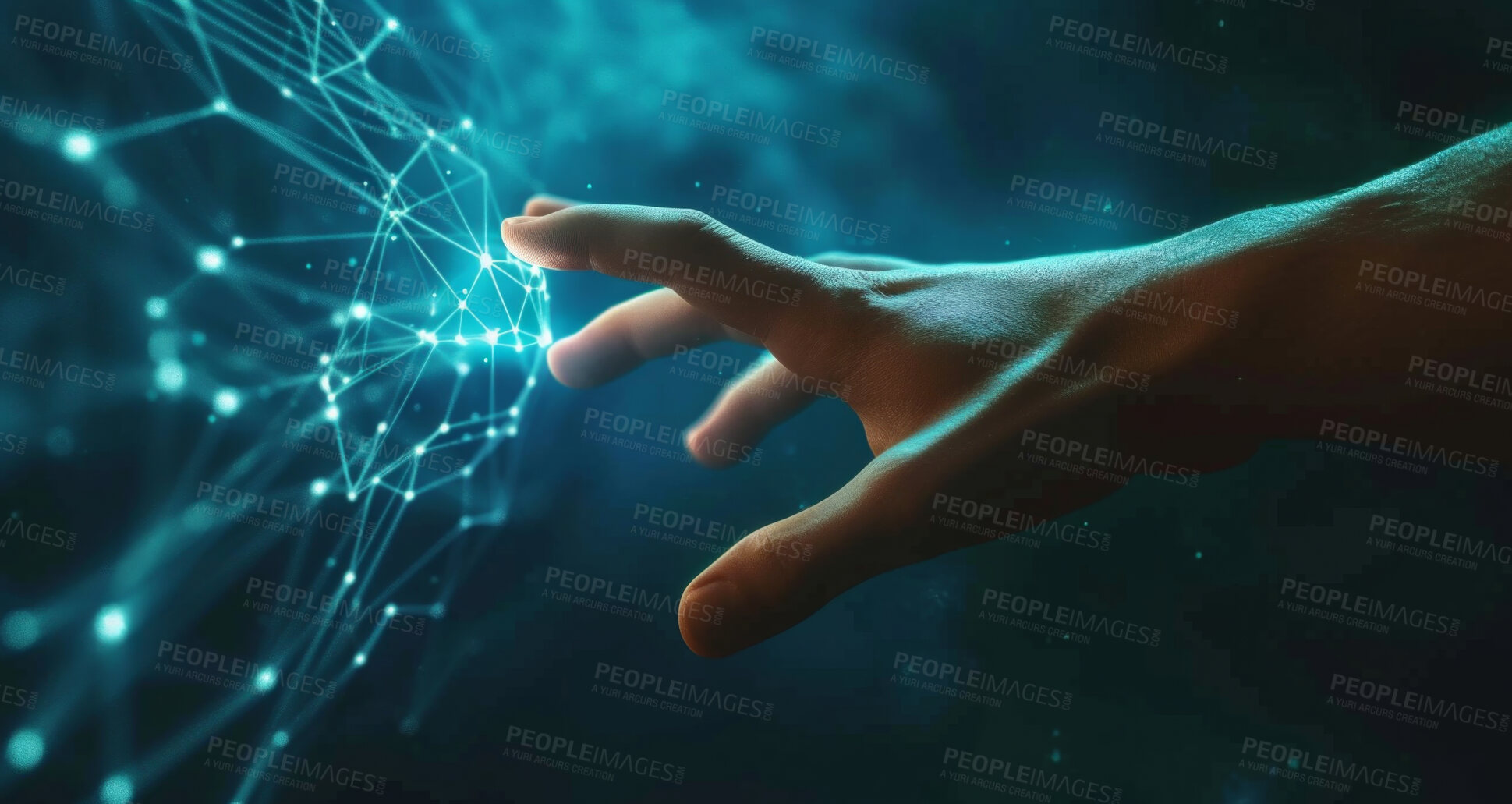 Buy stock photo Hand, internet and big data connection dots for cloud storage, artificial intelligence and coding. Blue, lines and network connectivity for ai algorithm, quantum computing and communication background
