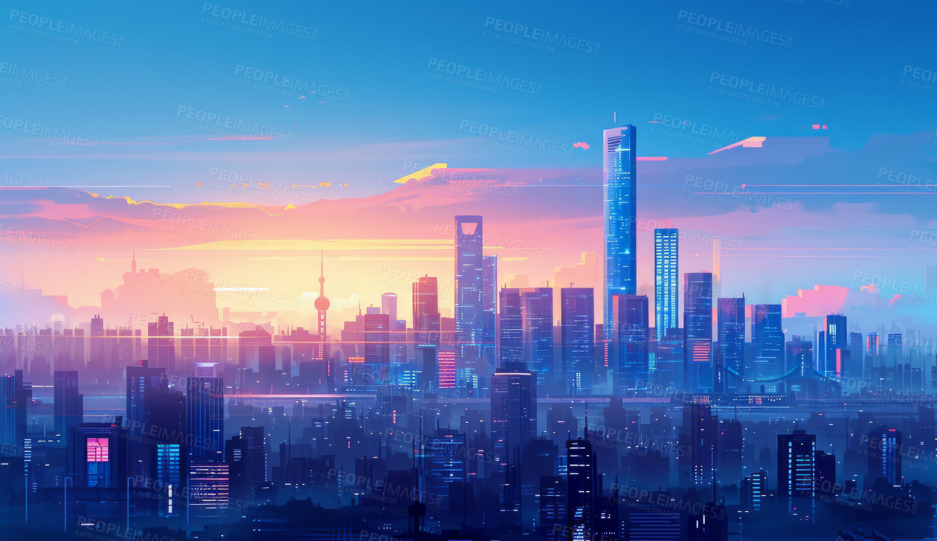 Buy stock photo Cityscape, background and wallpaper building design for business, backdrop or printing. Color, creative art and beautiful texture painting for interior artwork, copyspace and creativity inspiration