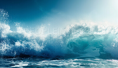 Abstract, wave and ocean landscape of rough seas for wallpaper, background and backdrop. Turquoise, blue and vibrant environmental mockup for poster design, climate disaster and eco friendly
