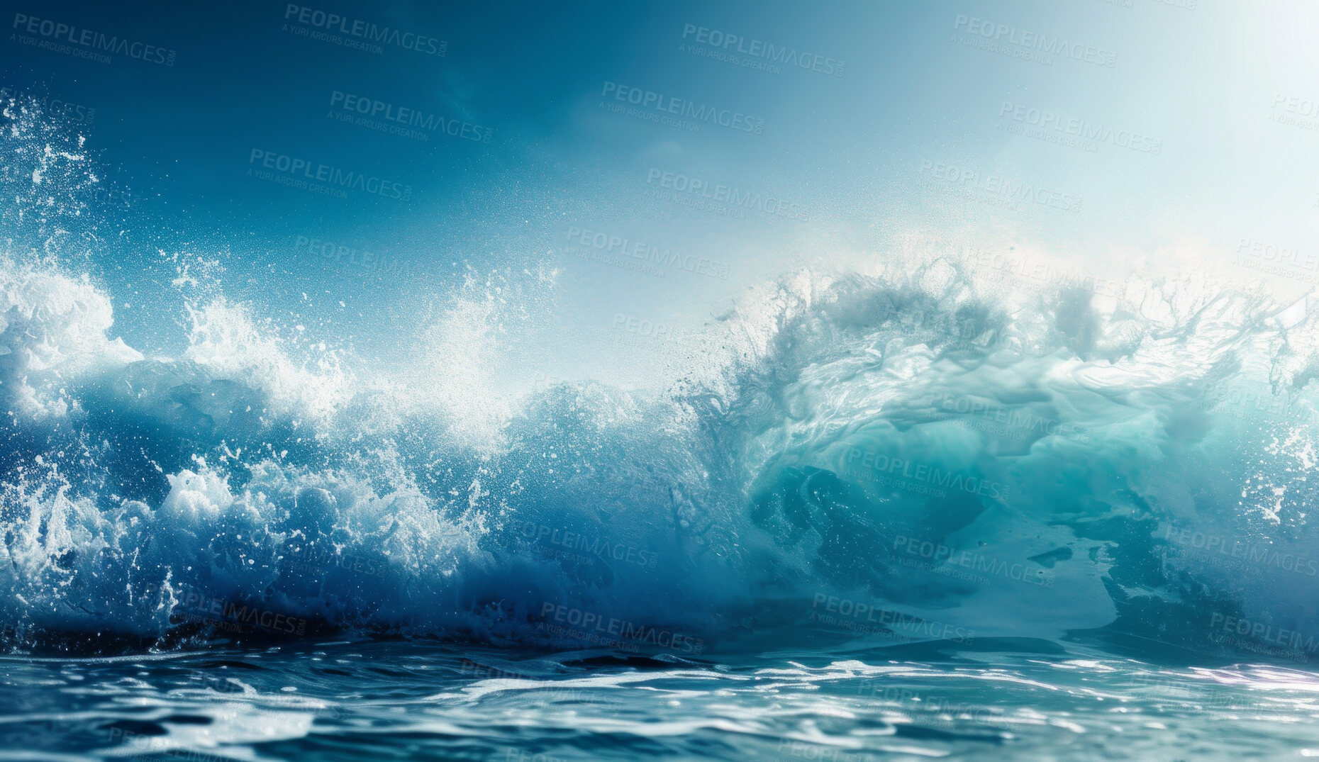 Buy stock photo Abstract, wave and ocean landscape of rough seas for wallpaper, background and backdrop. Turquoise, blue and vibrant environmental mockup for poster design, climate disaster and eco friendly
