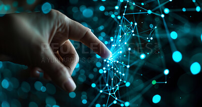 Hand, internet and big data connection dots for cloud storage, artificial intelligence and coding. Blue, lines and network connectivity for ai algorithm, quantum computing and communication background