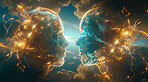 Head, face and abstract digital design for artificial intelligence, think and business networking. Vivid, transparent and cyborg connection for cloud computing, big data and spiritual development