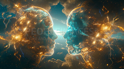 Head, face and abstract digital design for artificial intelligence, think and business networking. Vivid, transparent and cyborg connection for cloud computing, big data and spiritual development