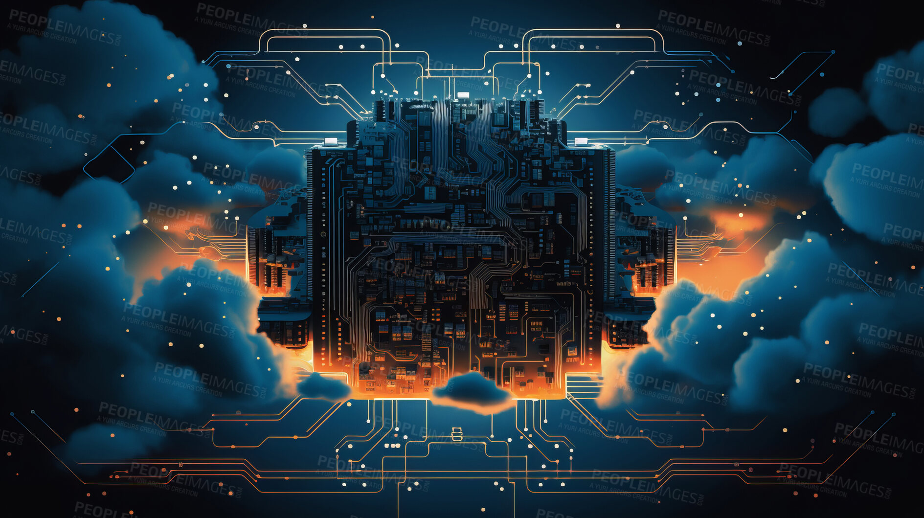 Buy stock photo Computer hardware, CPU and circuit board with microchip, technology and motherboard closeup. Clouds, lines or connection for cybersecurity, big data or innovation in digital data transformation