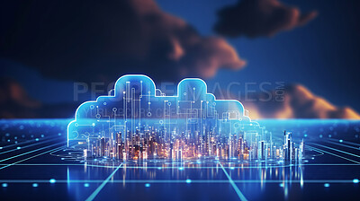 Buy stock photo Cloud computing, global network, and future technology for communication, networking or ai. Clouds, lines or connection for cybersecurity, big data or innovation in digital data transformation