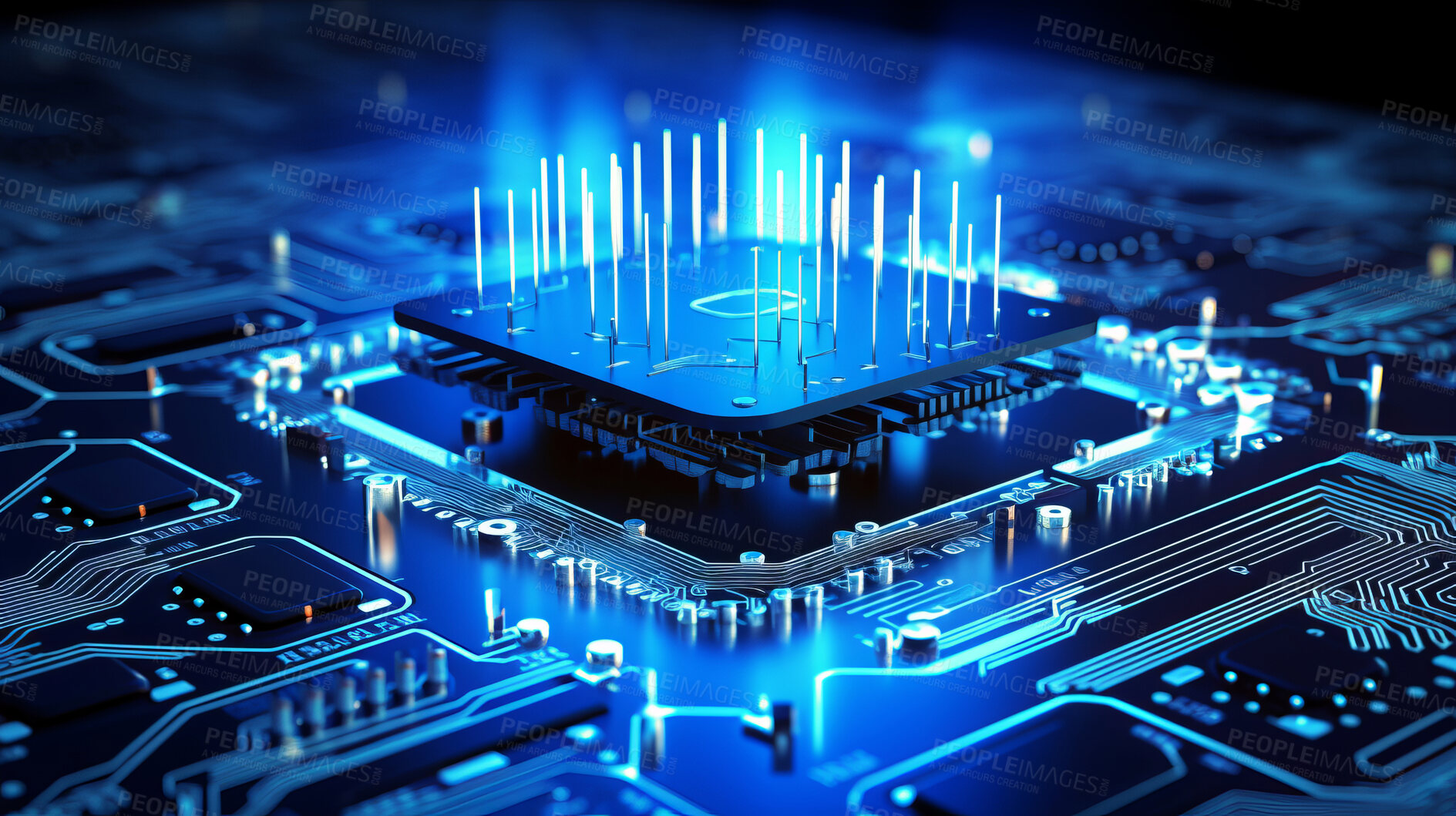 Buy stock photo Computer hardware, CPU and circuit board with microchip, technology abstract and motherboard closeup. Cyber tech, cloud computing and processor, AI and digital drive with pc system and electronics