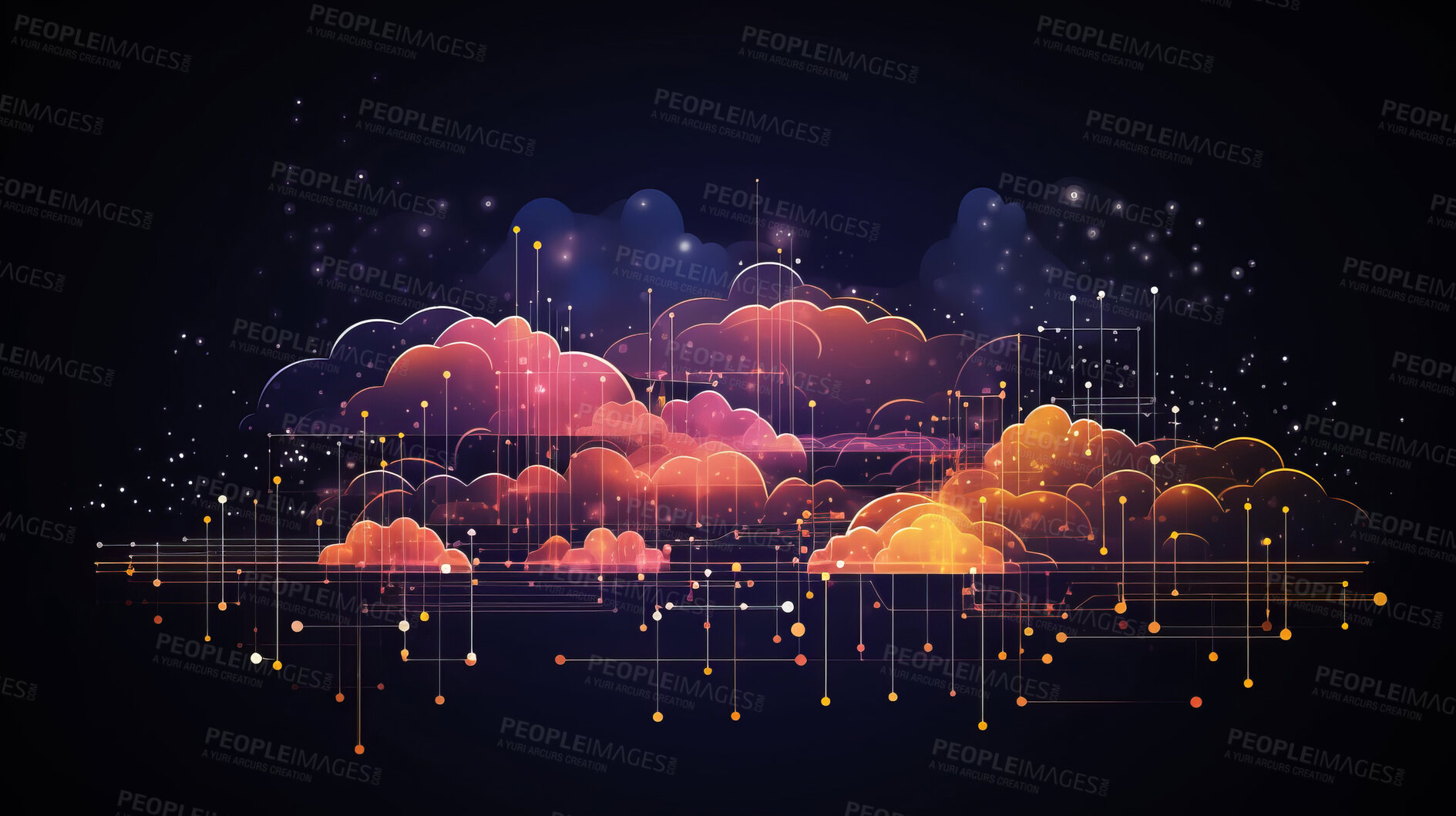Buy stock photo Cloud computing, global network, and future technology for communication, networking or ai. Clouds, lines or connection for cybersecurity, big data or innovation in digital data transformation