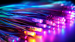 Cables, wires or cords in colorful lights engineering, software programming or cybersecurity IT. Hardware, equipment or data center technology for cloud networking, database storage or backup