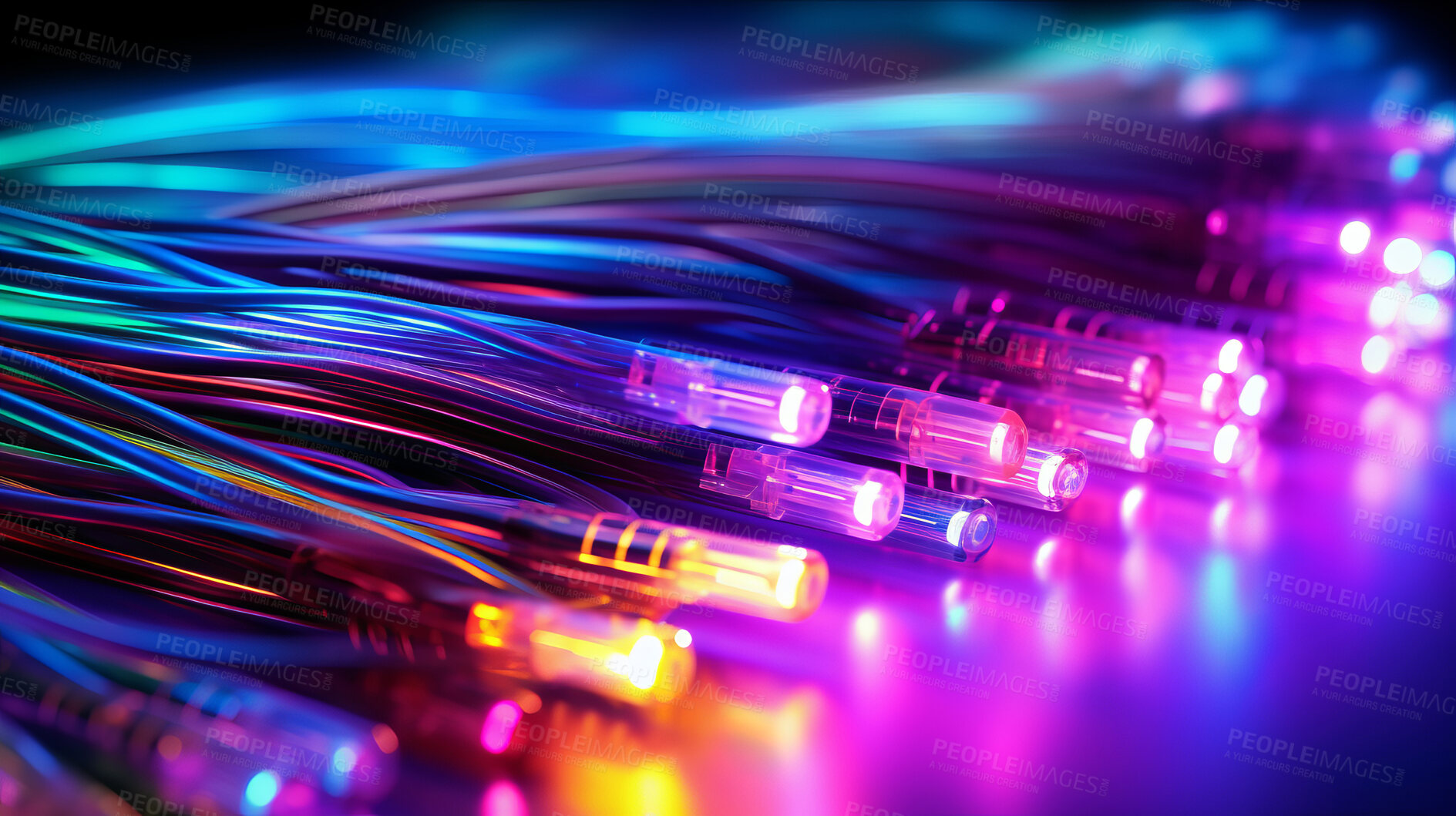 Buy stock photo Cables, wires or cords in colorful lights engineering, software programming or cybersecurity IT. Hardware, equipment or data center technology for cloud networking, database storage or backup