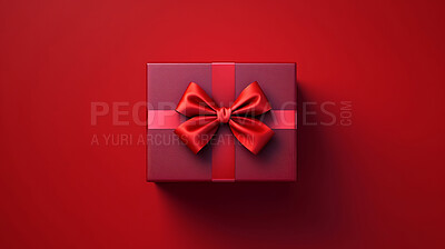 Box, gift and present with bow on red background for surprise prize giving, celebration or party event. Bow, ribbon, wrapping paper and package for Christmas, birthday or special day giveaway.