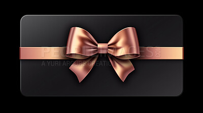 Card, gift and present with bow on black background for purchase, online shopping or discount. Bow, ribbon, black coupon for discount, sale, special surprise voucher.