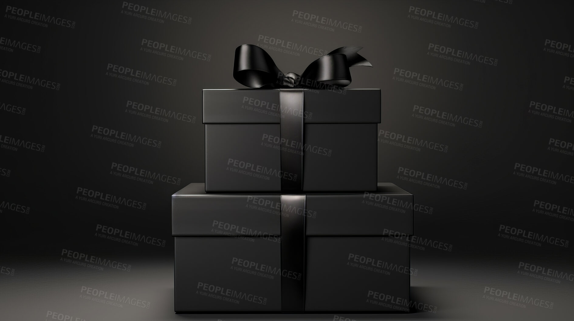 Buy stock photo Box, gift and present with bow on black background for surprise prize giving, celebration or party event. Bow, ribbon, wrapping paper and package for Christmas, birthday or special day giveaway.