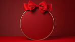 Baubel, gift and round present tag on red background for surprise giving, celebration or party event. Bow, ribbon and copy space for package for Christmas, birthday or special day giveaway.