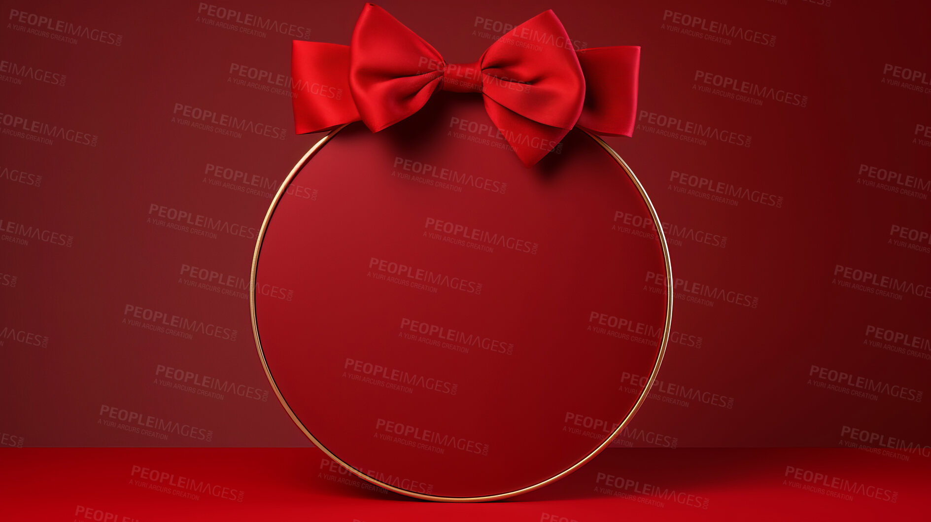 Buy stock photo Baubel, gift and round present tag on red background for surprise giving, celebration or party event. Bow, ribbon and copy space for package for Christmas, birthday or special day giveaway.