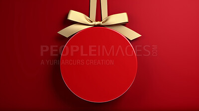 Baubel, gift and round present tag on red background for surprise giving, celebration or party event. Bow, ribbon and copy space for package for Christmas, birthday or special day giveaway.