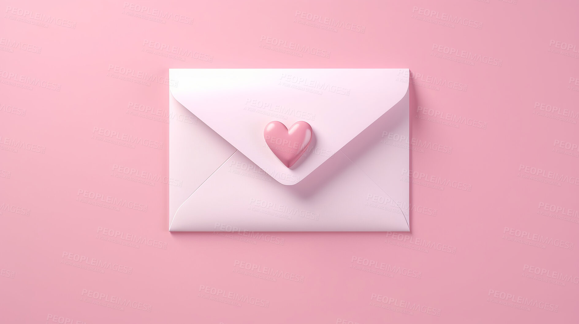 Buy stock photo Card, gift and letter envelope with heart on pink background for message, mail, shopping or discount. Paper, card and note for romance present, prize, special surprise voucher.
