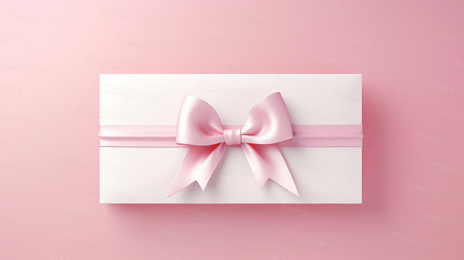 Buy stock photo Card, gift and present with bow on pink background for purchase, online shopping or discount. Bow, ribbon, white coupon for discount, sale, special surprise voucher.