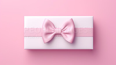Buy stock photo Card, gift and present with bow on pink background for purchase, online shopping or discount. Bow, ribbon, white coupon for discount, sale, special surprise voucher.