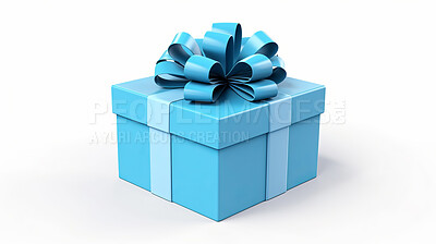 Buy stock photo Box, gift and present with bow on white background for surprise prize giving, celebration or party event. Bow, ribbon, wrapping paper and package for Christmas, birthday or special day giveaway.