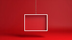 Box, frame and empty sign hanging from chain on red background for copy space announcement, invitation message or offer. Rectangle, 3d shape for discount, sale, special surprise banner.