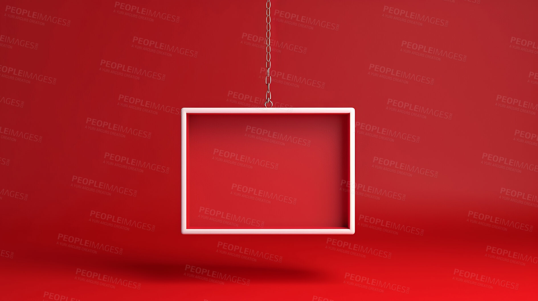 Buy stock photo Box, frame and empty sign hanging from chain on red background for copy space announcement, invitation message or offer. Rectangle, 3d shape for discount, sale, special surprise banner.