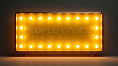 Lights, frame and empty sign on dark background for copy space announcement, invitation message or offer. Rectangle, advertising billboard for discount, sale, special surprise banner.
