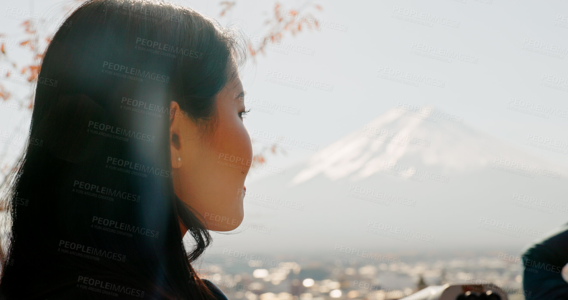 Buy stock photo Japanese woman, thinking and nature for mountain, travel and outdoor on vacation, trip or journey. Girl, person and holiday by Mt Fuji with vision, memory or ideas in closeup, environment and trees