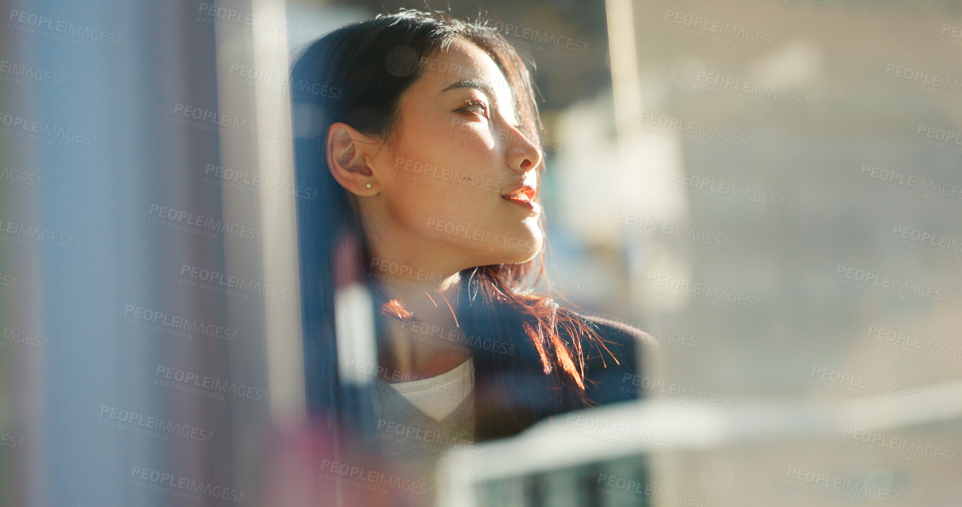 Buy stock photo Japanese woman, thinking and city on street, travel and outdoor on vacation, direction or journey. Girl, person and holiday with vision, memory or ideas on metro sidewalk, road and sunshine in Tokyo