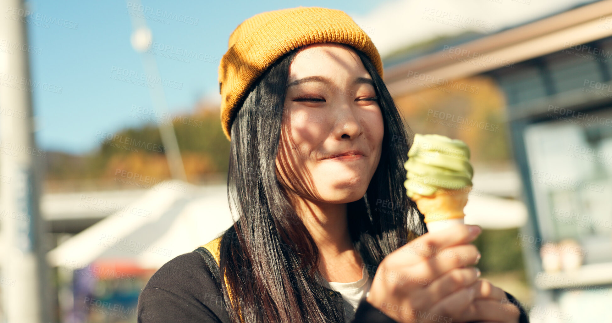 Buy stock photo Japanese woman, ice cream and eating in city, summer and walk with thinking, memory or ideas on vacation. Girl, person and gelato for food, dessert and vision with taste, tourism and happy in Tokyo