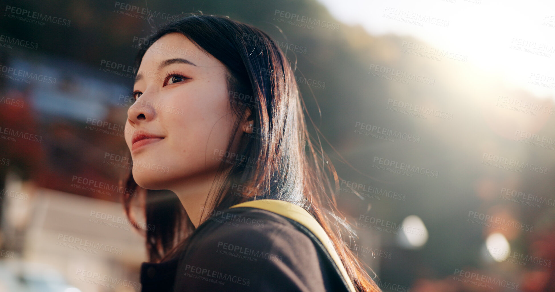 Buy stock photo Japanese woman, street and backpack on walk, thinking or lens flare on adventure, trip or vacation. Girl, person and direction on holiday with bag, vision or memory on road, city or sidewalk in Tokyo