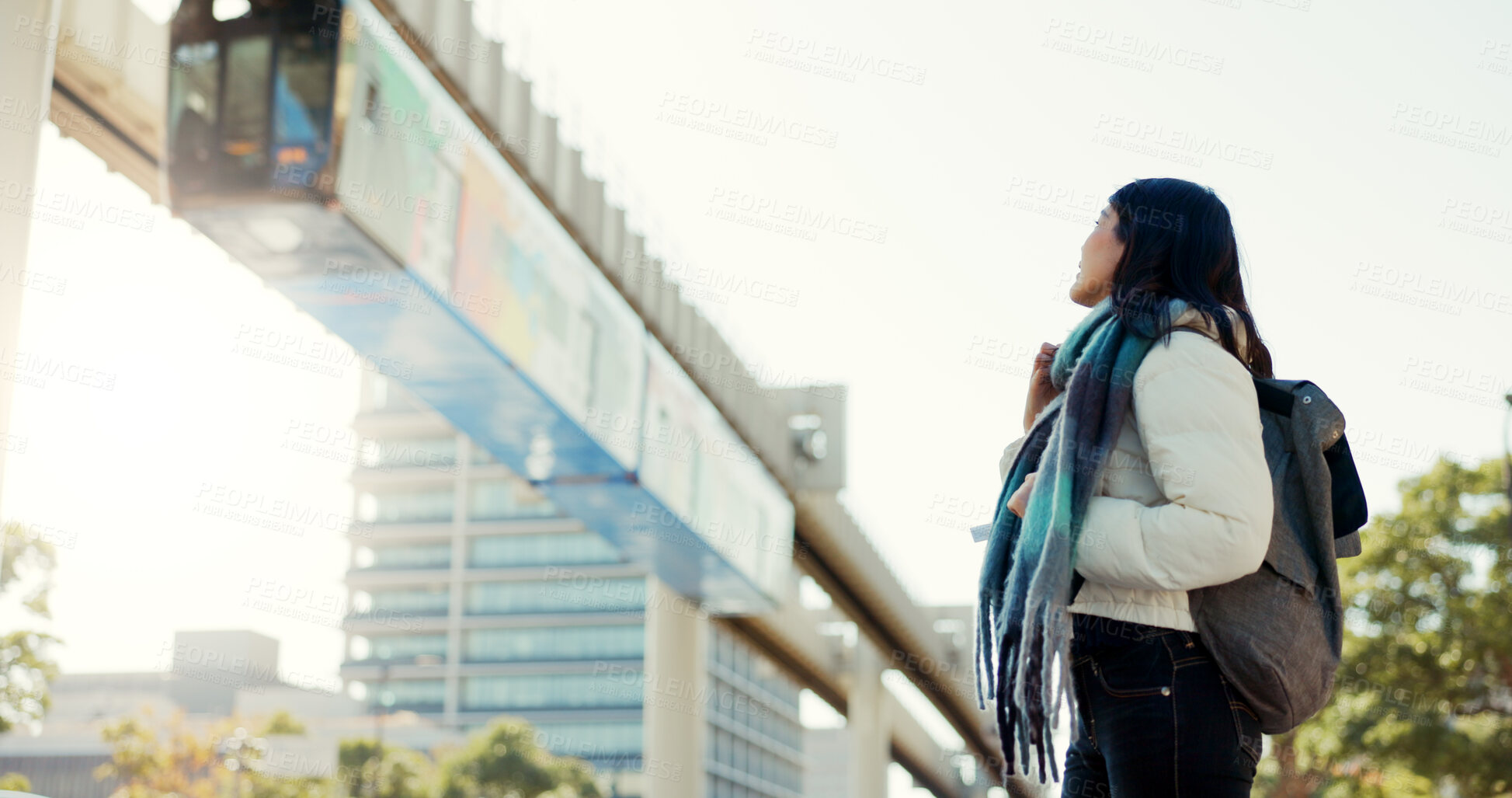 Buy stock photo Japanese, woman and happy in city with travel in nature for morning commute, sightseeing or tourism. Person, smile and backpack in Tokyo for holiday, vacation or adventure outdoor in urban town